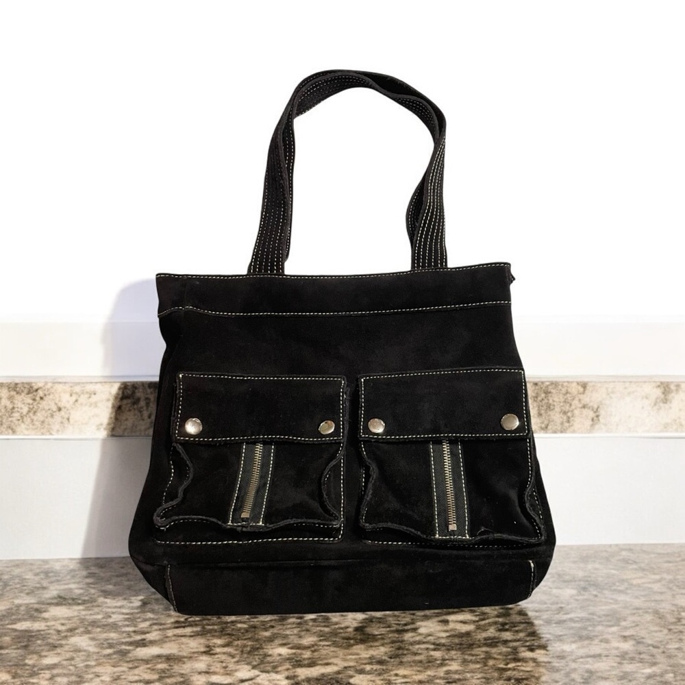 Banana Republic Womens
Black Suede Pockets Double Handles Tote Shoulder Bag